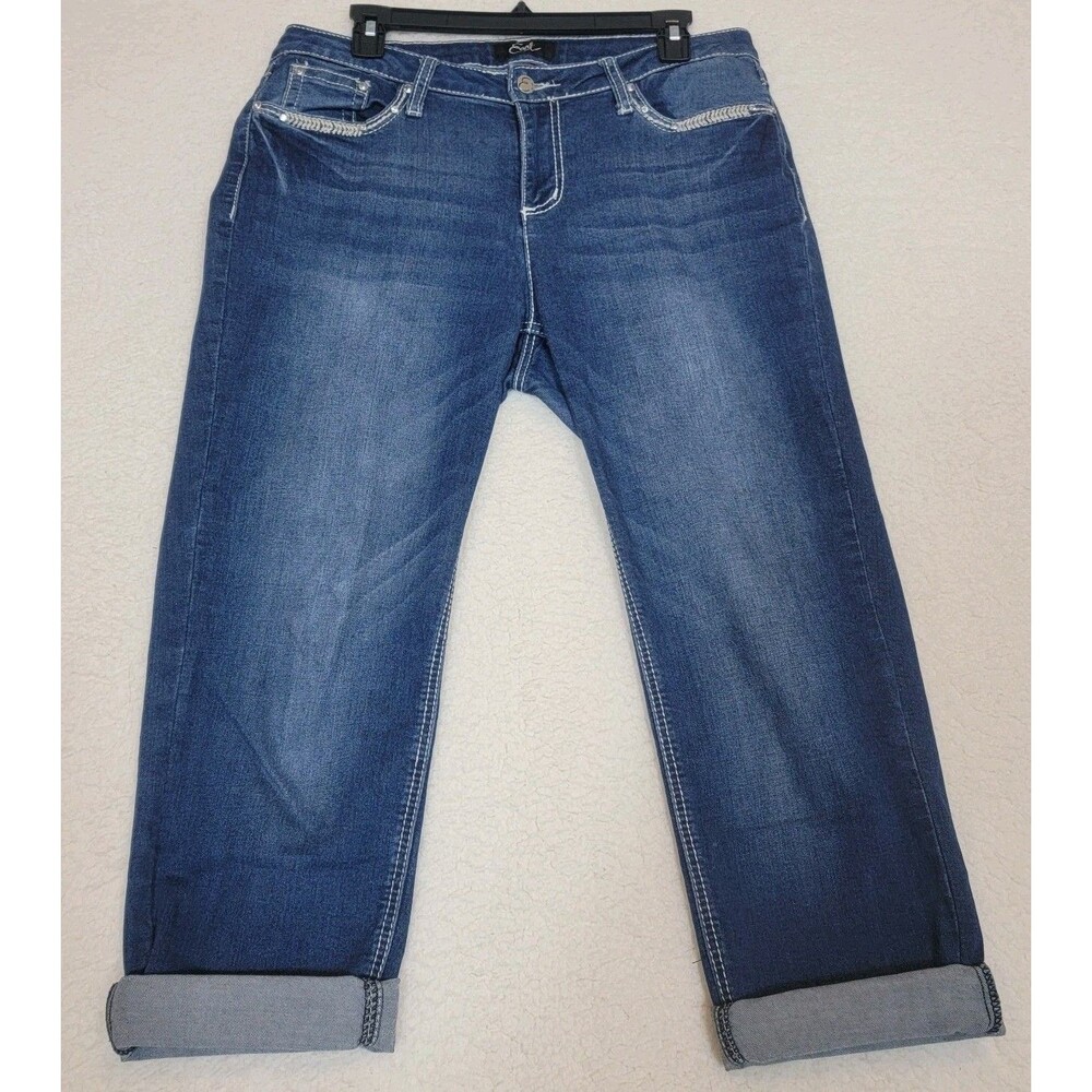 Earl Jean Cropped Jeans Women 12 Blue Medium Wash Embellished Flap Pocket Capri